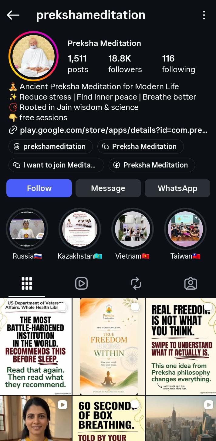 Preksha Meditation Instagram Screenshot
